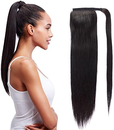 Ponytail Human Hair Clip Extensions - 24" Straight Wrap Around Ponytail Extension for Woman 100g (1B# Off Black)