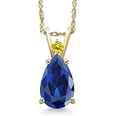 Gem Stone King 14K Yellow Gold Blue Created Sapphire and Canary Diamond Pendant Necklace for Women | 2.13 Cttw | Gemstone September Birthstone | Pear Shape 10X7MM | With 18 Inch Chain