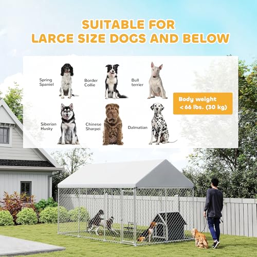 PawHut Large Dog Kennel, 13.1' x 7.5' x 7.8' Walk-in Heavy-Duty | Galvanized Steel Dog Run Chain Link, Safety Latch, Waterproof UV-Resistant Cover, Backyard Farm, Outdoor