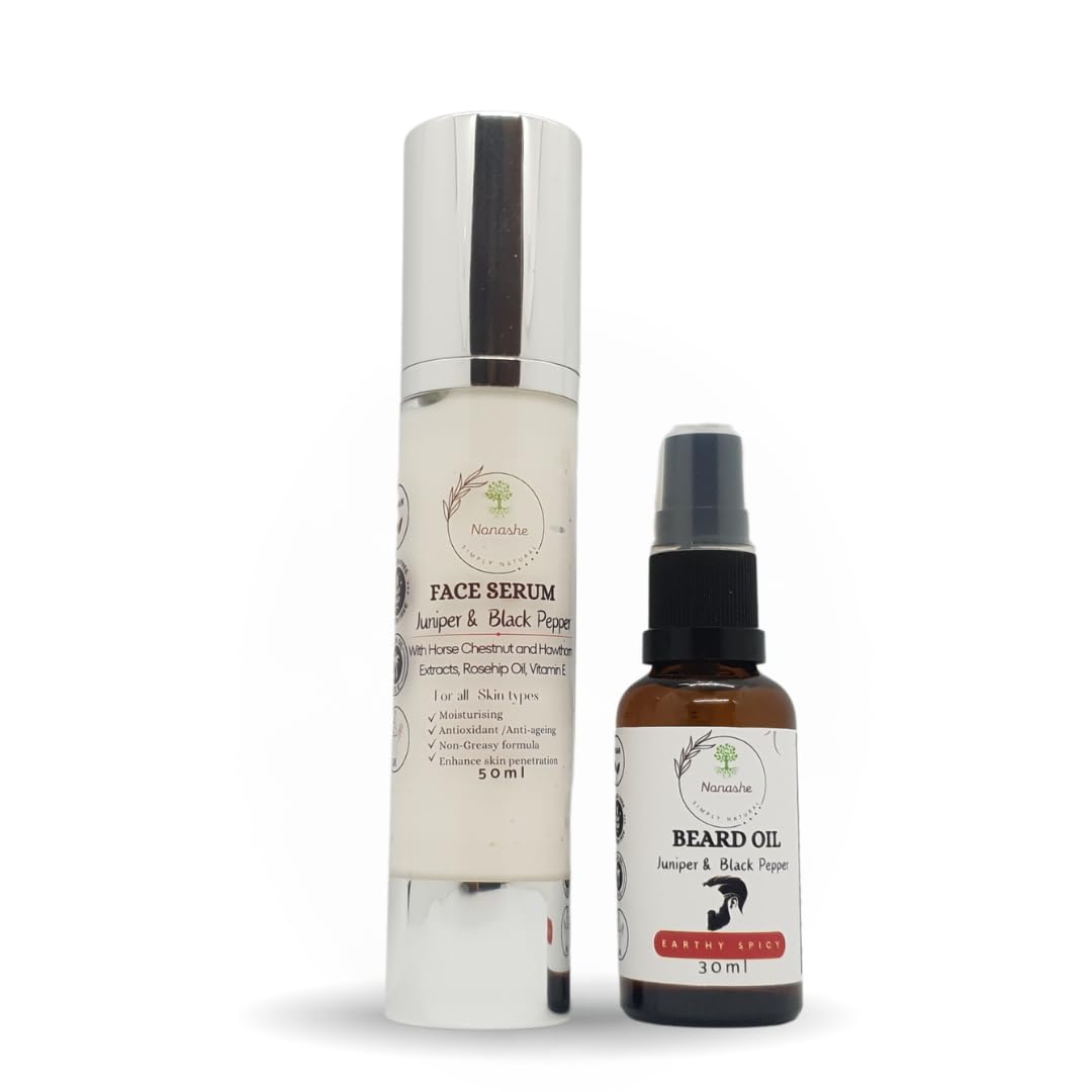 Nonashe Handmade Skincare Kit For Men, Beard Oil + Face Serum - Natural Ingredients, For Healthy, Moisturise, Anti Ageing, Softens Beard,Skin, Perfect Gifts (Kit Earthy Spicy (Beard Oil & Face Serum)