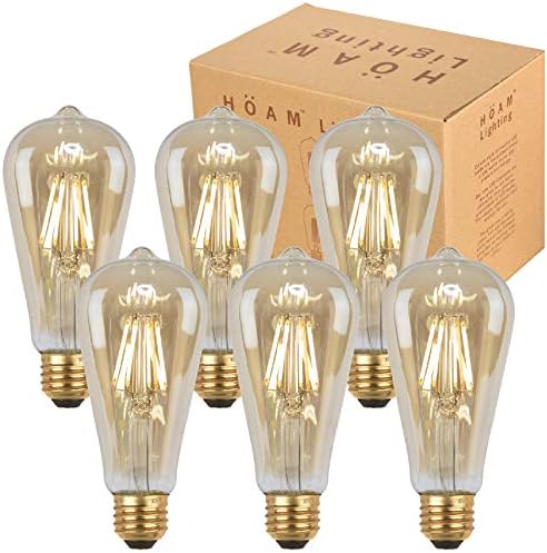 6 Pack Edison Bulbs from HOAM Lighting, Dimmable LED Filament, Antique Style, Amber Glass, 6W LED 60W Incandescent Equivalent 4000K Warm White Color Temperature, ST18 ST64, E26 E27 Screw Cap, 120V