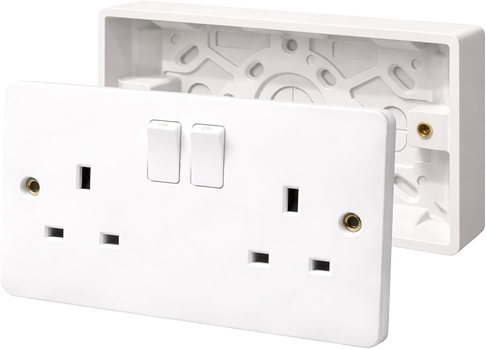 SHPELEC Double Socket with Back Box 2G 13A White Curved Edge UK