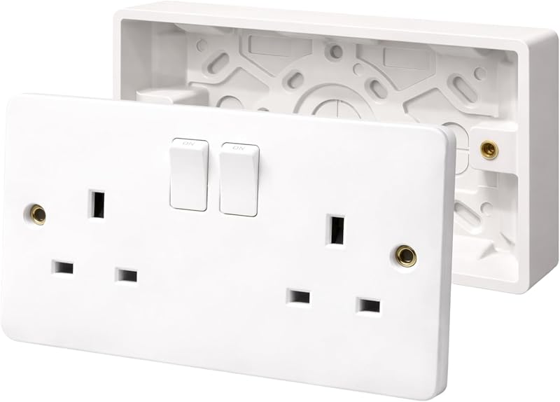 SHPELEC Double Socket with Back Box 2G 13A White Curved Edge UK