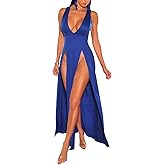 Women's Sexy V Neck Sleeveless High Split Club Party Maxi Dresses