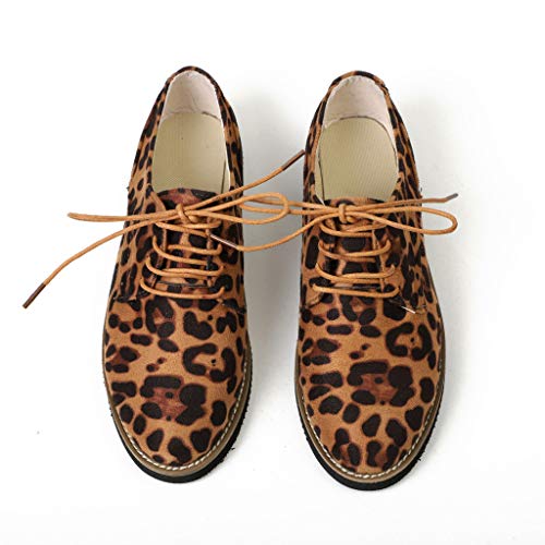 Hunzed Women【Suede Leopard Lace-Up Shoes】Women Oxford Flats Closed Round Toe Slip On Low Heel Platform (6 M US, Brown) - Thumbnail 4