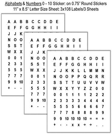 A - Z Alphabet AND Numbers 0 - 10 Sticker Labels: On 3/4" (0.75") Round Circle Adhesive Labels - White Matte Finish