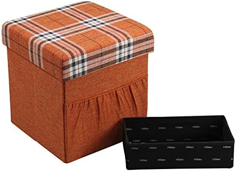 HStex Folding Storage Ottoman Cube with Wooden Tray,Linen Fabric,Orange,15"×15"×15"