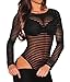 Shawhuwa Womens Sexy Sheer Striped Long Sleeve Bodysuit Tops Clubwear Black M