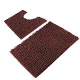 VDOMUS Microfiber Bathroom Contour Rugs Combo, Set of 2 Soft Shaggy Non Slip Bath Shower Mat and U-shaped Toilet Floor Rug (Brown)