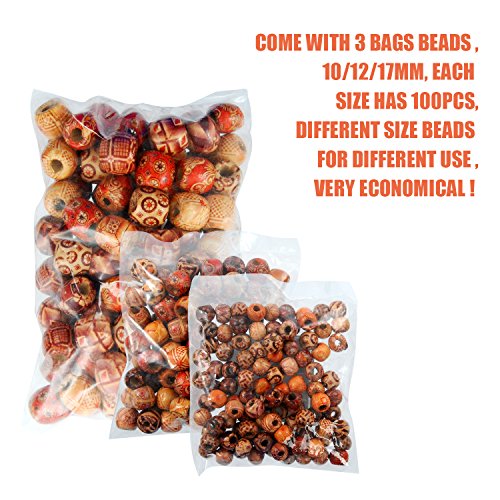 YUEAON 300pcs 10mm/12mm/17mm natural painted wood beads round loose wooden bead bulk lots ball for jewelry making bracelet necklace diy craft hair dreadlock macrame accessories supplies assorted