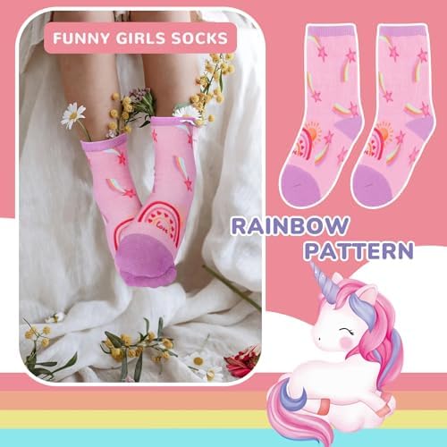 Schulkind Socken Mädchen Kinder Regenbögen Sterne Wolken Lustige Bunte Muster Neuheit Crew Socken 6 Paar Geschenke 5-8 Jahre Größe 28-31 Atmungsaktiv Weich