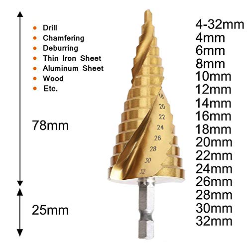 Step Drill Bit,Knoweasy HSS Titanium Coated Spiral Grooved Step Drill 3