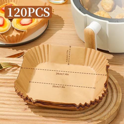 Papel para Freidora de Aire 120 Piezas,RUISTLI Papel Encerado para Alimentos Bandeja de Cuadrada,Encerado para Freidora de Aire 20/24cm Desechable,Adecuado para Microondas,Horno,Vapor