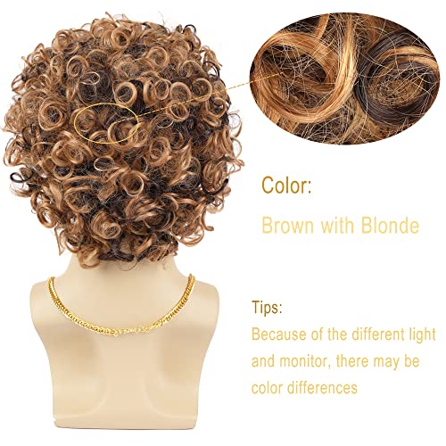KEQISIQI Mens Wig 70s 80s Disco Costume Wig Set Afro Short Curly Brown with Blonde Synthetic Wig for Cosplay Party Halloween Fashion