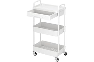Dttwacoyh 3-Tier Rolling Cart，Trolley with Drawer, Multifunctional Storage Organizer with Plastic Shelf & Metal Wheels, Kitchen Storage Cart for Living Room, Kitchen, Office, Bathroom, White