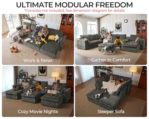 Bedeep 124.8'' Oversized Modular Sofa Comfy Cloud Couch with Storage Wide L-Shaped Sectional Sofa Set with Chaise for Living Room, Covers Washable, 4-Seater with Ottoman, Chenille, Grey