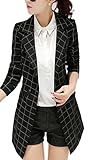 Enlishop Women's Vintage Check Plaid Long Sleeve Casual Long Jacket Blazer