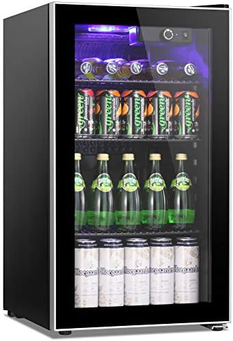 Joy Pebble Beverage Refrigerator and Cooler, 90 Can Mini Fridge with Glass Door for Soda Beer or Wine, Small Drink Dispenser Machine for Bar or Office