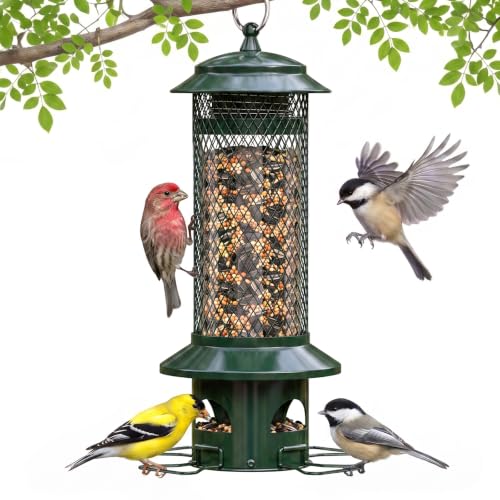Squirrel Proof Bird Feeders for Outdoors - 4 Port Hanging Metal Bird