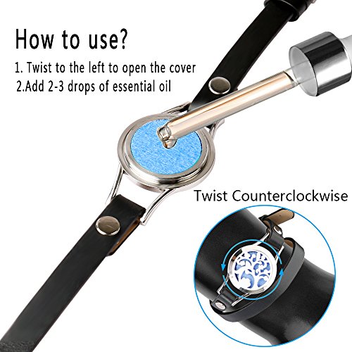Essential Oil Diffuser Bracelet,Stainless Steel Aromatherapy Locket Bracelets Leather Band with 8 Color Pads,Girls Women Jewelry Gift Set (Tree black)