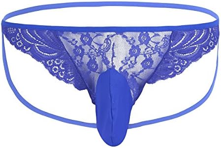 Freebiy Men's Lace Jockstrap Briefs Sissy Pouch Panties Crossdress Underwear Lingerie Blue Medium (waistline 26.0-38.0")