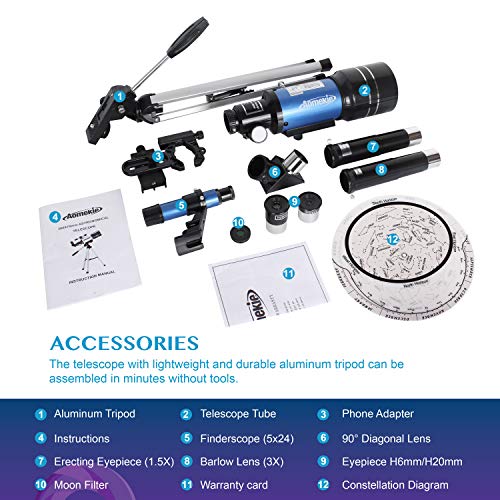 Aomekie Telescope for Adults Astronomy Beginners 70mm Kids Telescopes Travel Scope with Tripod Phone Adapter 3X Barlow Lens Finderscope 1.5X Erecting Eyepiece