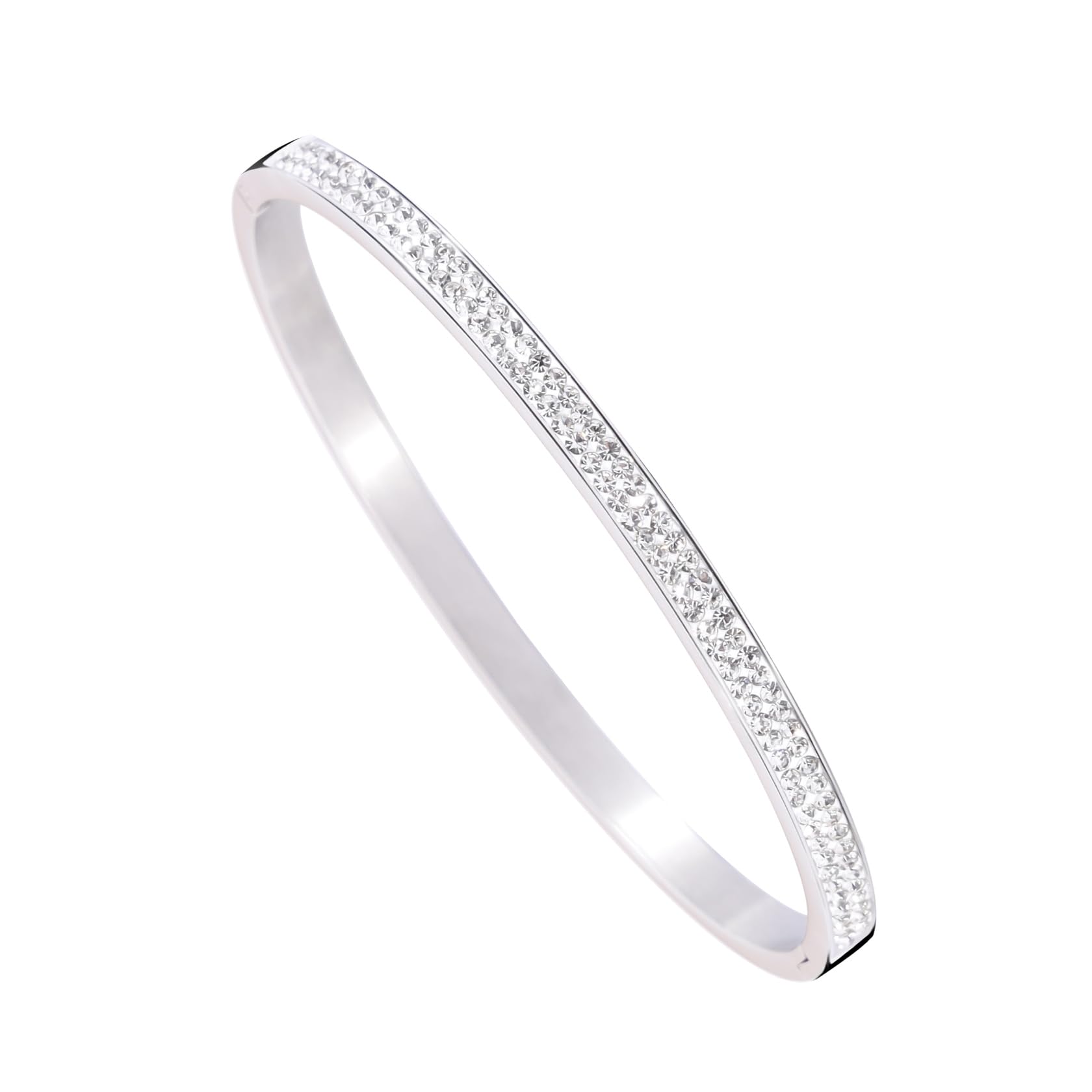 MILAKOO 4mm Stainless Steel Oval Bangle Silver Bracelet with Rhinestones for Women