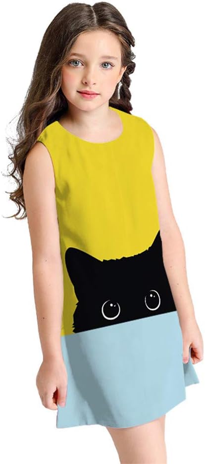 Teen Toddler Kid Girl Sleeveless 3D Cartoon Print Cartoon Dresses T-Shirt Dress Casual Clothes Age 7-10 Years Old Girls Multicolor,Black,Green