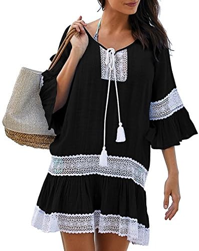 Sanifer Women's Summer Beach Cover Up Dresses Sexy Loose Lace Swimsuit Cove Up Dresses (One Size/US S-M, Black)