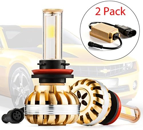 LED H11 Headlight Bulbs, AQV H11 Conversion Kit with 2 Pcs of 60w 7,000Lm 6K Cool light Emitting White LED Car Headlight Bulbs - Replaces Halogen &amp; HID Bulbs - 3Yr Warranty (Gold, Pack of 2)
