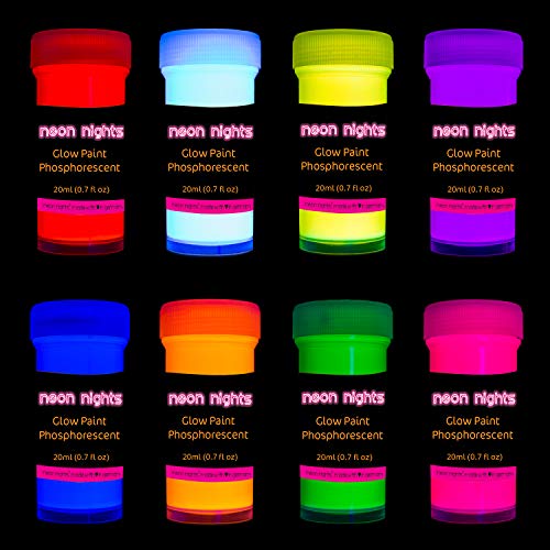 Premium Glow in the Dark Acrylic Paint Set by neon nights - Set of 8 Professional Grade Neon Craft Paints - Long-Lasting Self-Luminous Paint Handcrafted in Germany - 8 x 20 ml / 0.7 fl oz 