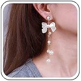 Allereyae Vintage Crystal Pearl Drop Earrings Pearl Bow Dangle Earrings Long Pearl Tassel Chain Earrings Cz Bow Stud Earrings Jewelry for Women