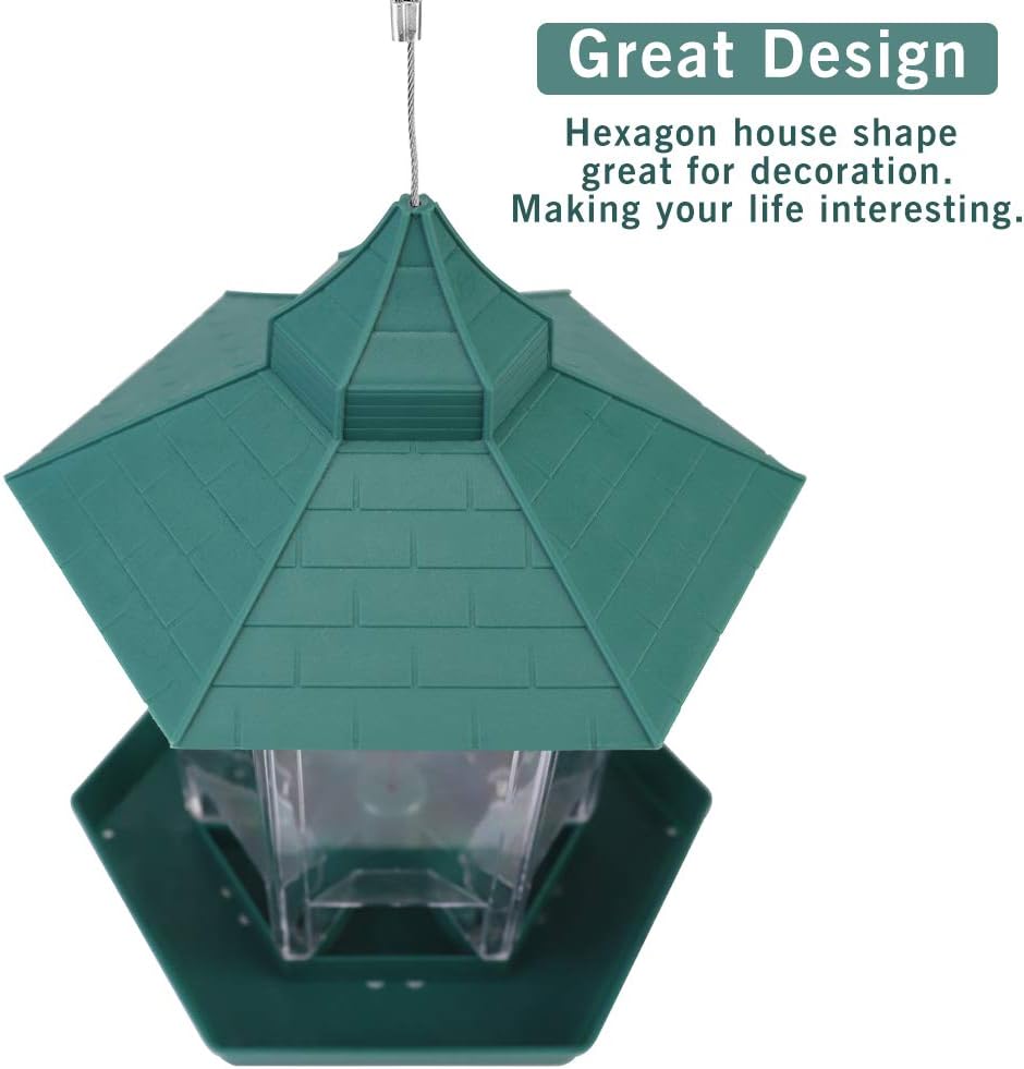 HIPPIH Wild Bird Feeder Hanging for Garden Yard Outside Decoration, Hexagon Shaped with Roof Hanging Panorama Bird Feeders for Mix Seed Blends, Classic Green : Garden & Outdoor