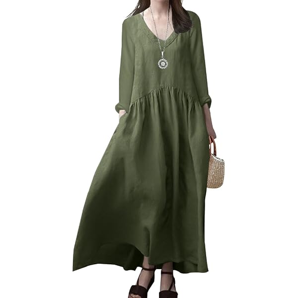 Women's Spring Empire Waist 3/4 Sleeve Maxi-Length Dress Summer Casual  Split Plain V-Neck Dresses with 2 Pockets at Amazon Women's Clothing store