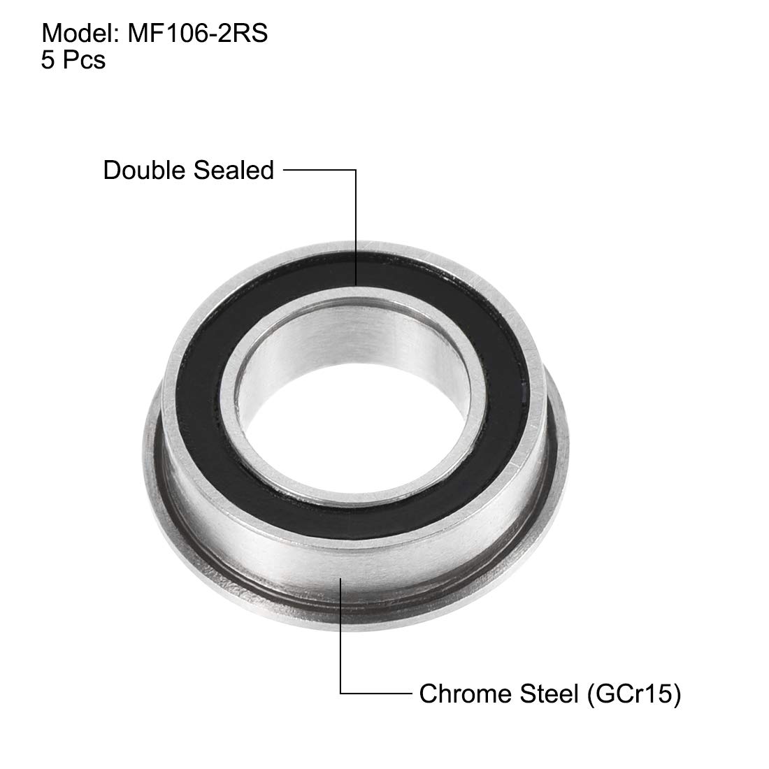 sourcing map MF106-2RS Flanged Ball Bearing 6x10x3mm Double Sealed Chrome Steel Bearing 5pcs, MF83ZZ (1Qty) - Image 3