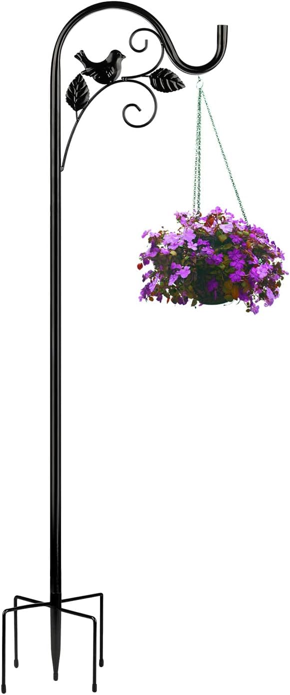 Outdoor Shepherd's Hooks - Art Elf Shepherds Hooks for Outdoor Hummingbird Bird Feeder Pole Hanger 48 Inches with 5 Prongs Base Stainless Metal Adjustable Garden Hanging Holder Weddings Decor Bird Black 1-Pack