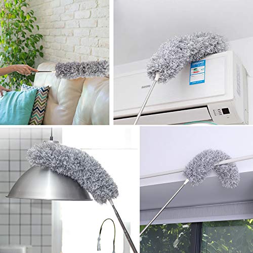 HAKACC Staubwedel Teleskop, Mikrofasern Staubwischer 2 Graue Mikrofaserköpfe mit 1 Edelstahl Teleskopstange Staubdesen Entfernt Staub Spinnweben Extra Lang 78.8-210 cm