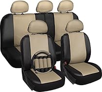 OxGord 17pc PU Leather Tan/ Black Car Seat Cover Set - Airbag - Front Low Back Buckets - Universal Fit for Car, Truck, SUV, Van - Steering Wheel Cover