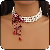 Gothic Blood Pearl Necklace for Women,Layered Dripping Blood Pearl Choker Bleeding Pearl Blood Necklace Punk Bloody Pearl Tassel Necklace Halloween Jewelry Witch Costume Vampire Accessories