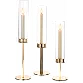 Hewory Gold Candle Holders, 3Pcs Hurricane Candlestick Holders with Glass Candle Cover for Wedding Table Centerpiece Christmas Decor