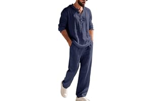 Mens Linen Suit 2 Pieces Cotton Linen Set Casual Long Sleeve Hooded Henley Shirts Beach Yoga Pants Summer Vacation Outfits