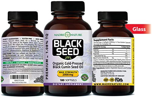 Organic Black Seed Oil 2000mg - 180 Softgel Capsules (Non-GMO) Premium Cold-Pressed Nigella Sativa - Black Cumin Seed Oil with Omega 3, 6, 9 - Darkest, Highest TQ Content