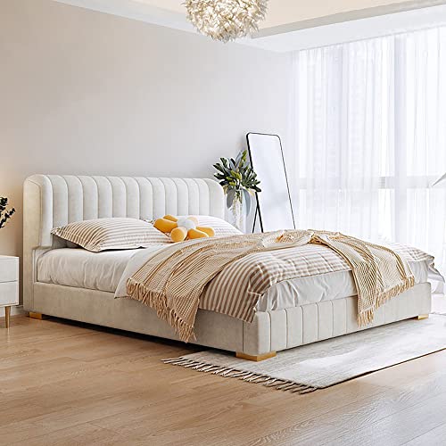 Beige Velvet Upholstered Bed Frame, Vertical Tufted Headboard, Sturdy Solid Wood Support, 600kg Weight Capacity, Queen King Super King Sizes, 5-Day UAE Delivery & Professional Installation