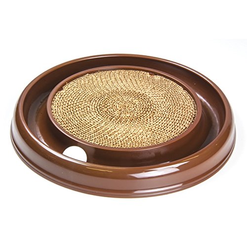 Pet Trendz Cat Scratch Chaser Ball Toy Activity Centre Reversible Corrugated Cardboard Scratcher Insert for Indoor Cats & Kittens Catnip Included - Brown
