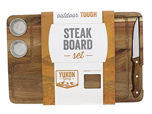 Yukon Glory Gourmet Steak Board Premium Acacia Wood Plate for Serving Gift Set Includes Carving Sauce Cups & Knife