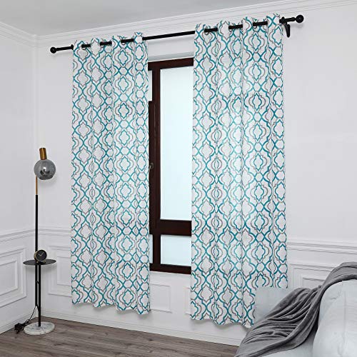 Lofus Moroccan Sheer Curtains 84-Inch Length for Living Room, Grommet Top Semi-Sheer Airy Country Panels for Dinning Room, 50 x 84 Inches Long, Set of 2 Window Curtain Panels, Teal Blue