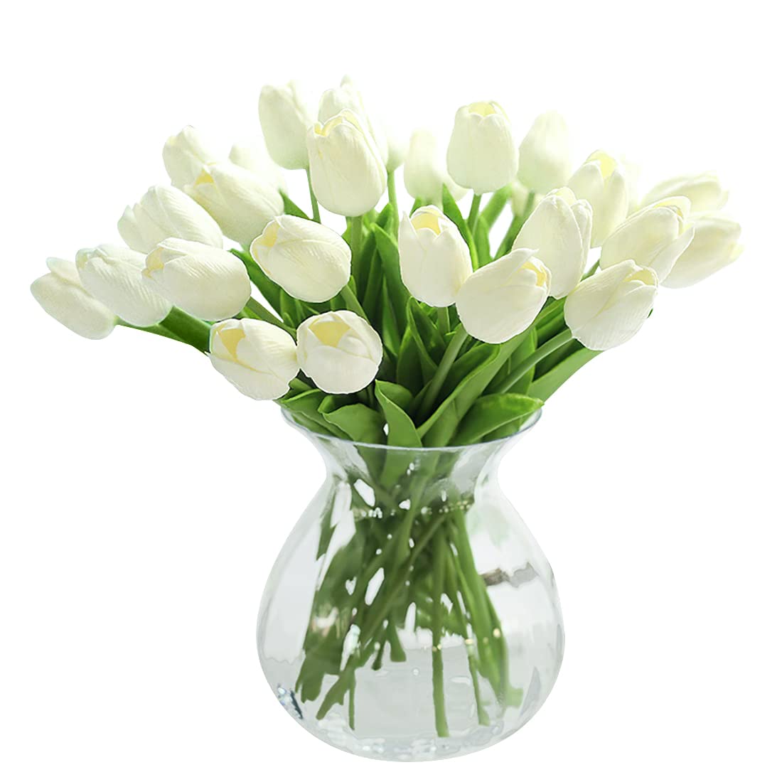 JUSTOYOU 10pcs Real Touch Latex Artificial Tulips Flowers Fake Tulips Flowers Wedding Bouquets for Wedding Home Garden Decoration (White)