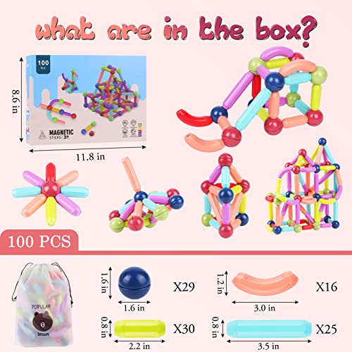 Dollcora 100pcs Magnetic Balls and Rods Set Magnetic Building Blocks Sticks Children Educational Stacking Magnet DIY Toys for Boys Girls Age 3+