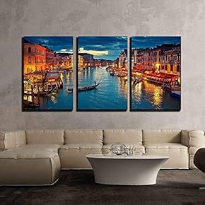 3 Piece Canvas Wall Art - View on Grand Canal from Rialto Bridge at Dusk, Venice, Italy - Modern Home Art Stretched and Framed Ready to Hang - 16"x24"x3 Panels