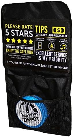 Uber Lyft Back Seat Organizer, Multi-Pocket with 5 Blue Emesis Vomit Bags, 3 Tip &amp; Rating Signs, 1 Uber Lyft Sign